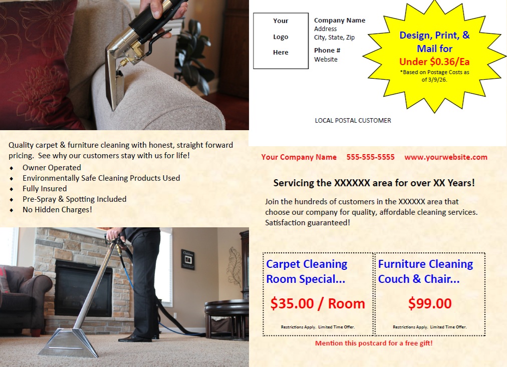carpet cleaning EDDM Retail postcard printing mailing